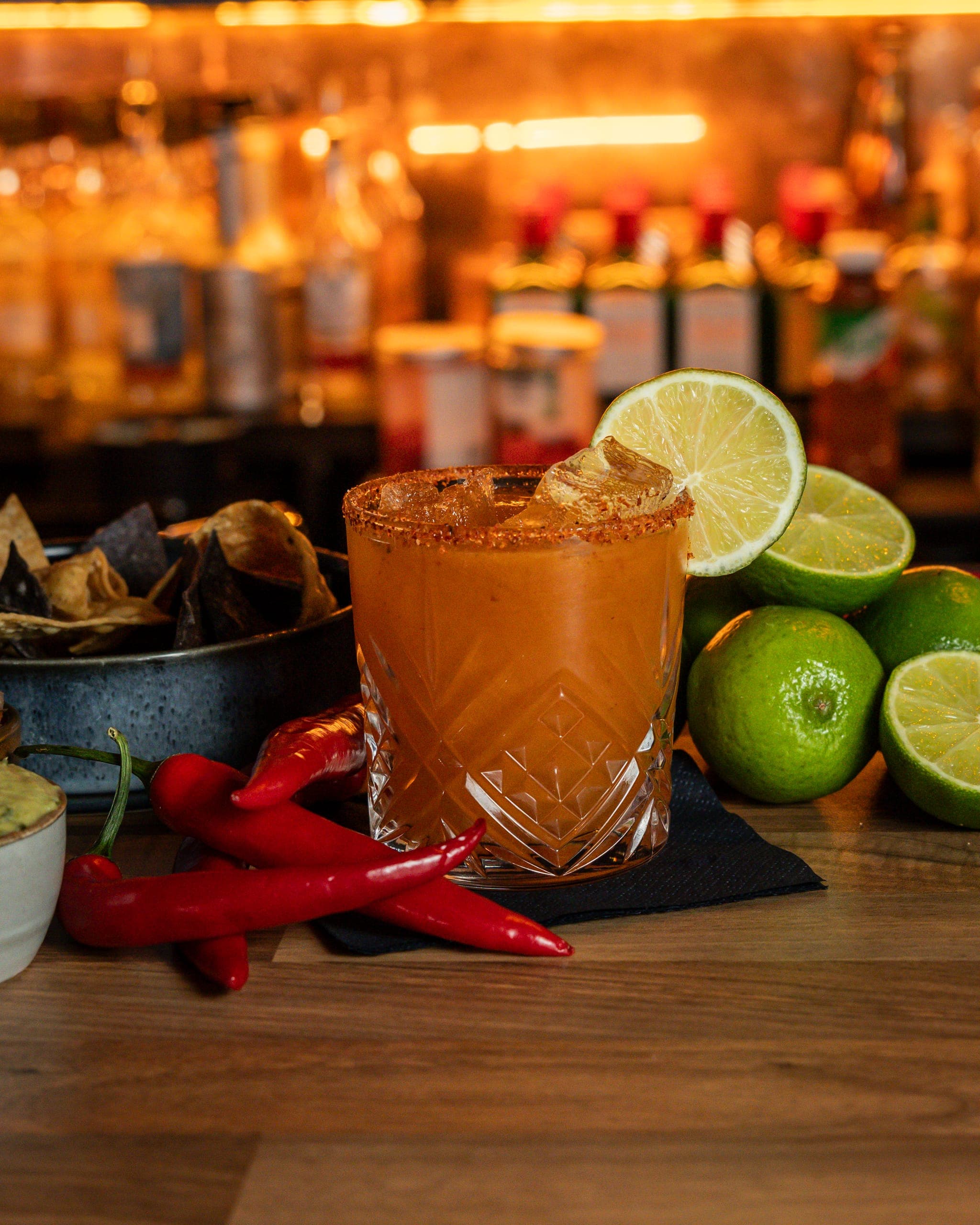 Spicy margarita with chilies and limes at Gringos
