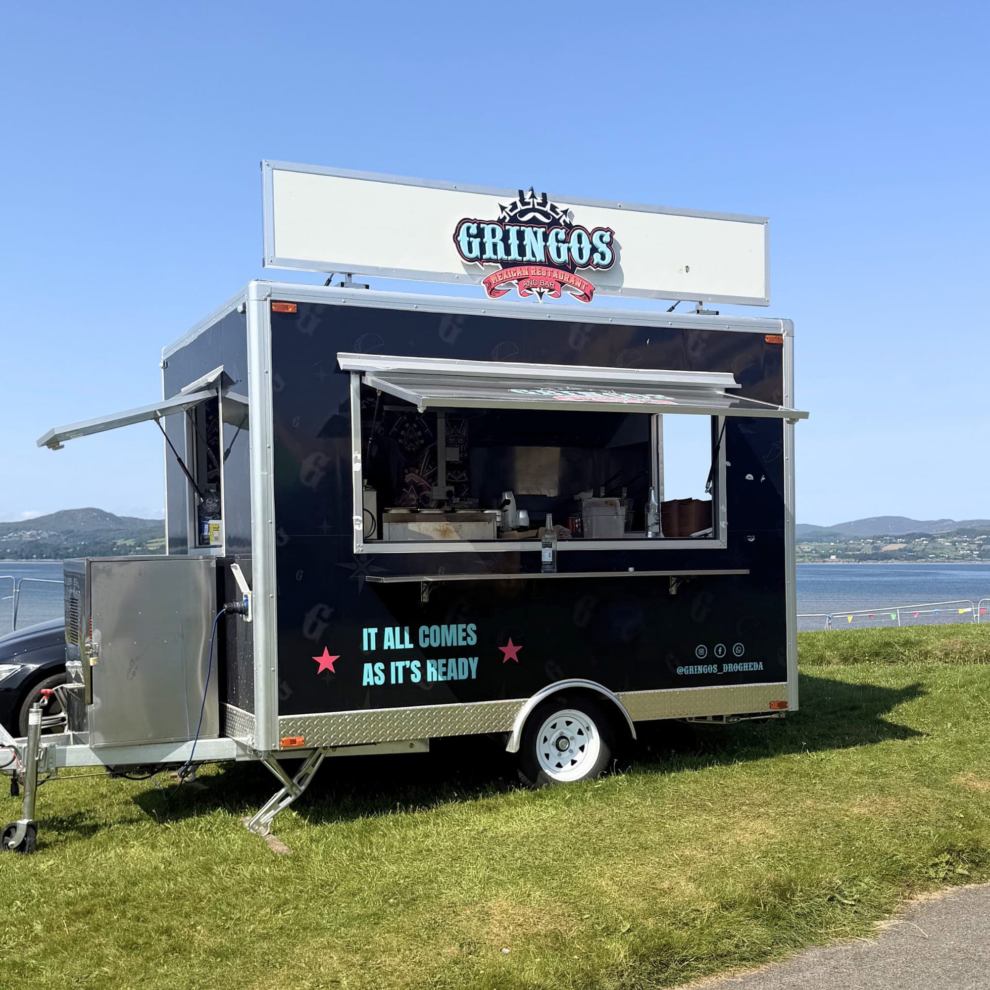 Gringos Mexican restaurant takeaway trailer parked by the coast